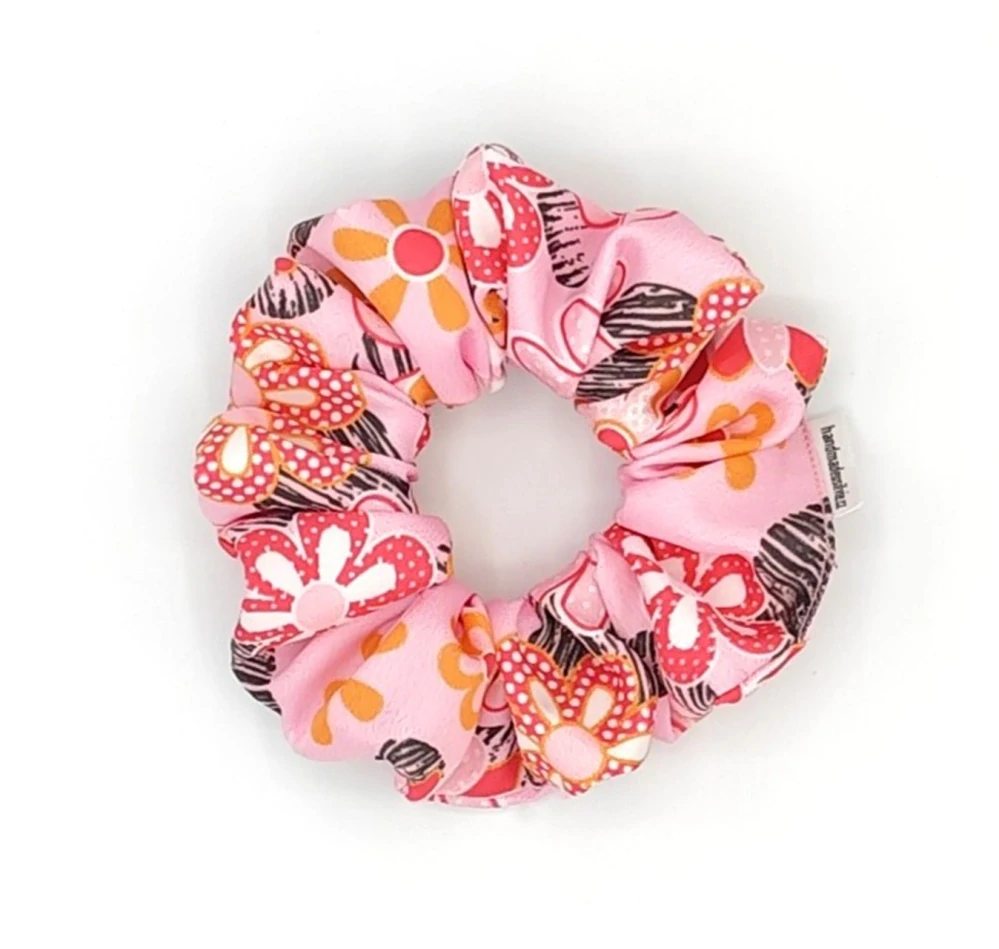 Scrunchie gumička Růžová s květinami L-klasik