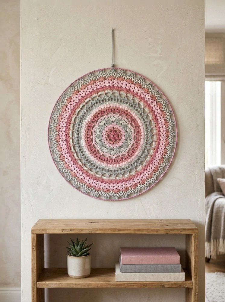Háčkovaná Mandala - Šedo růžová 50 cm