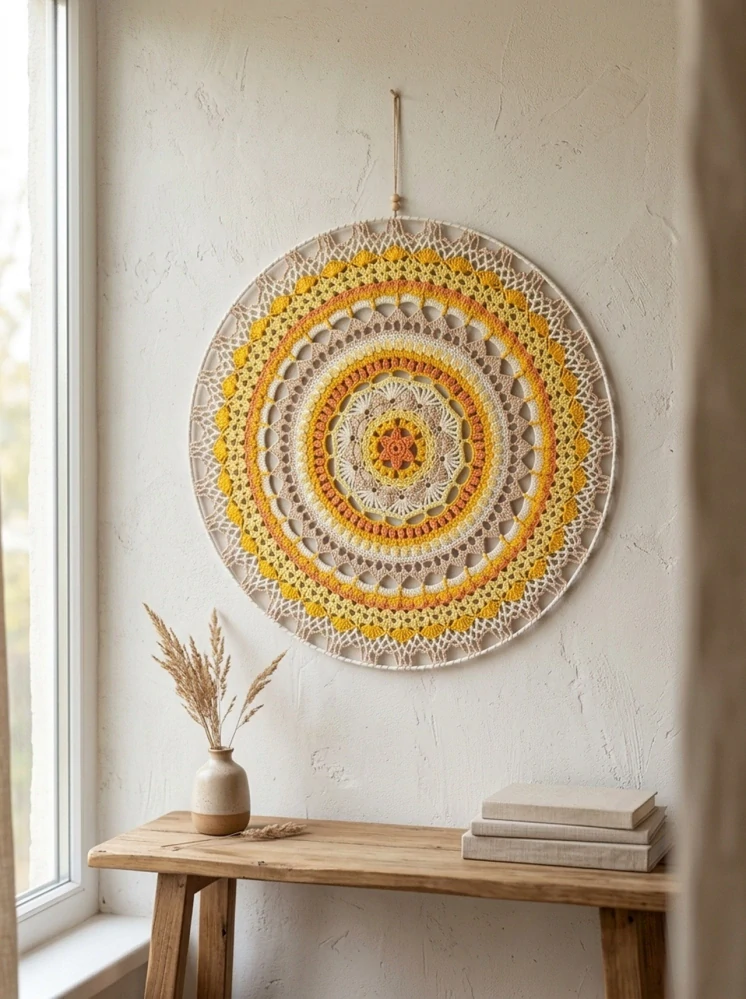 Háčkovaná Mandala - Béžovo žlutá 50 cm