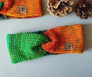 Pletená čelenka - úzká - zelená a oranžová č.1