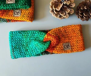 Pletená čelenka - úzká - zelená a oranžová č.2