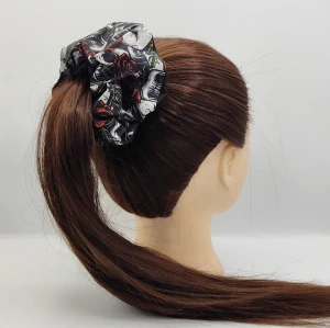 Bavlněná Scrunchie gumička lebky a růže XXL II.