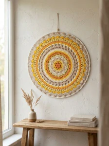 Háčkovaná Mandala - Béžovo žlutá 50 cm